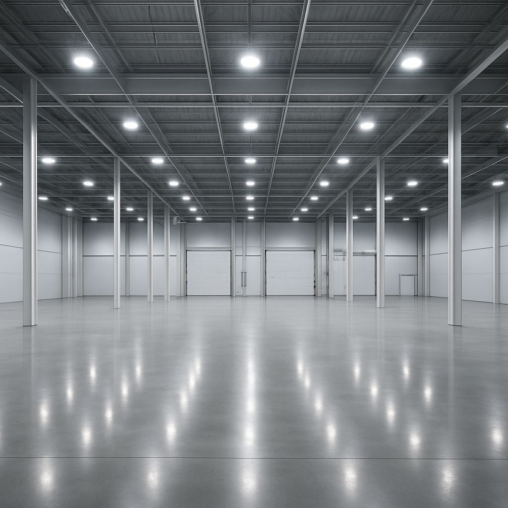 Modern commercial warehouse with energy-efficient LED lighting installed by Apex