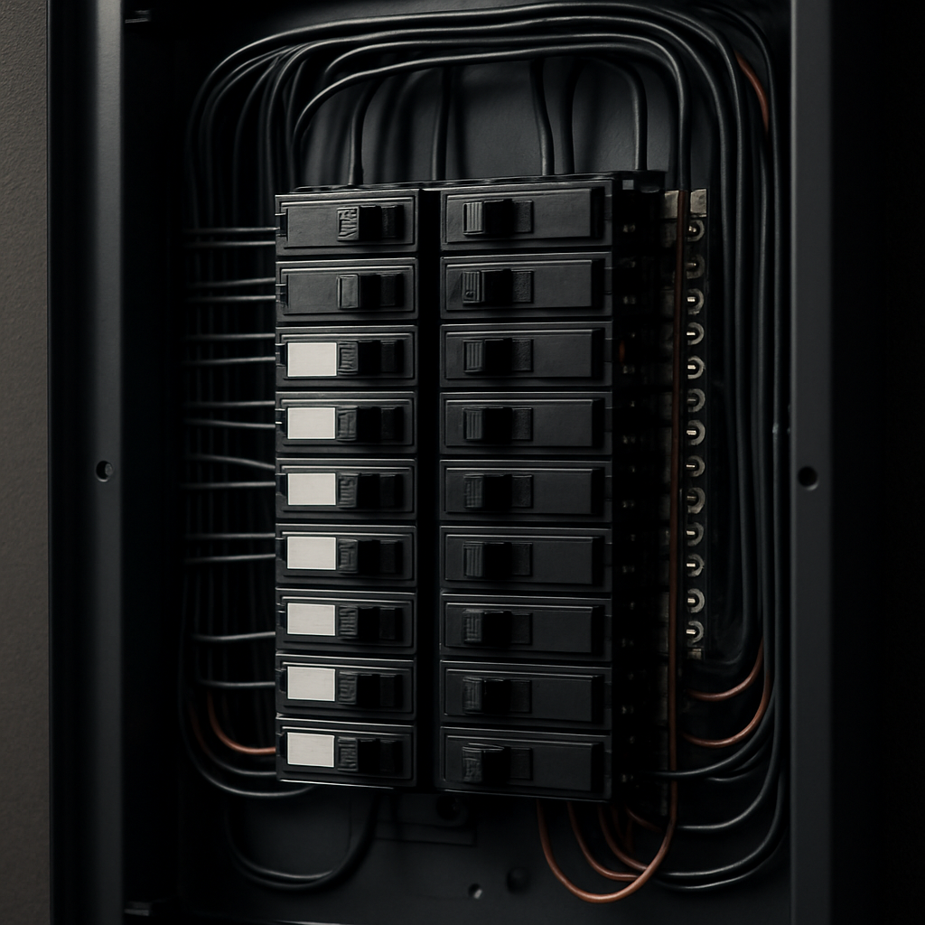 Freshly installed commercial breaker panel with organized wiring by Apex